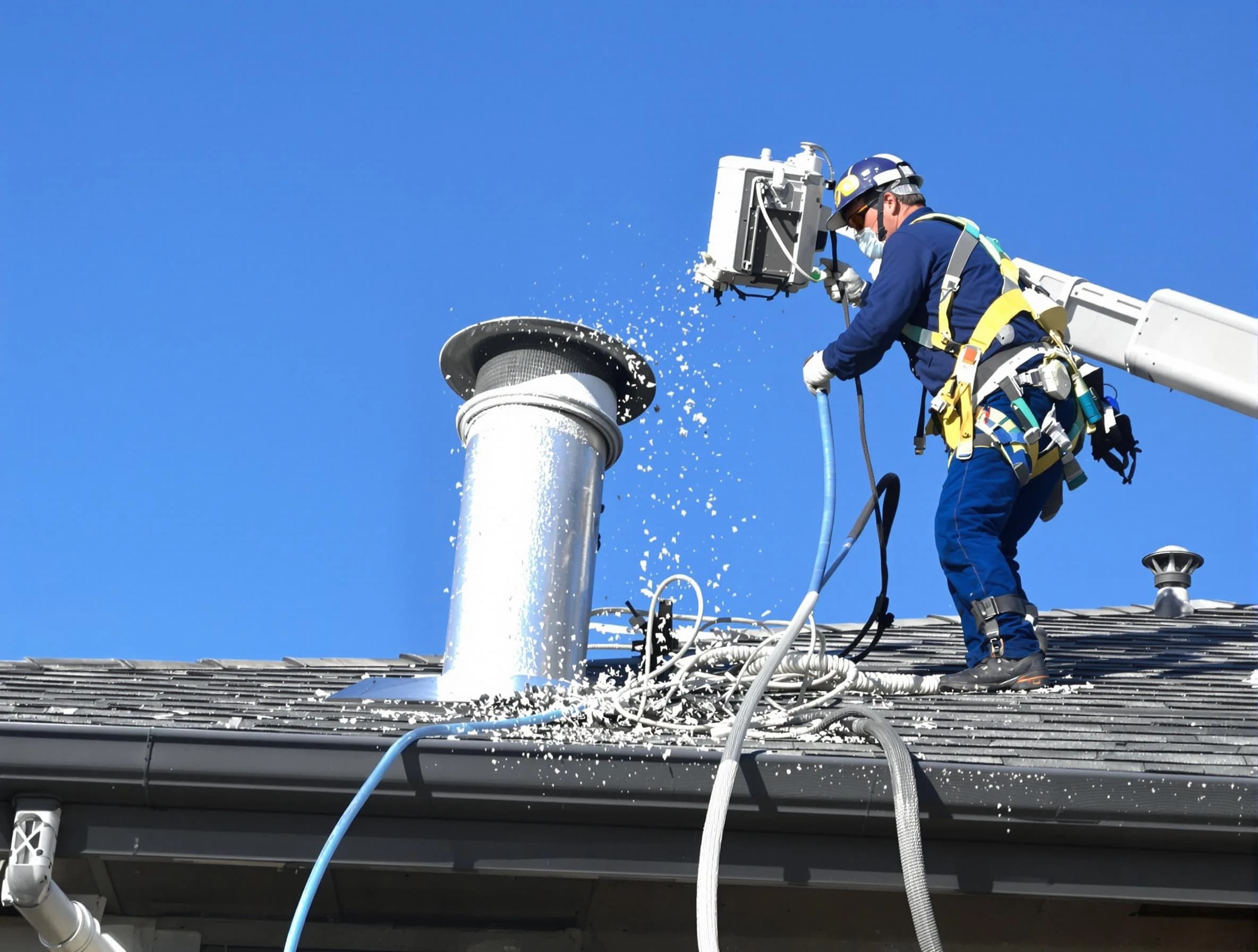 Methuen Town Dryer Vent Cleaning certified technician safely cleaning a roof-mounted dryer vent in Methuen Town