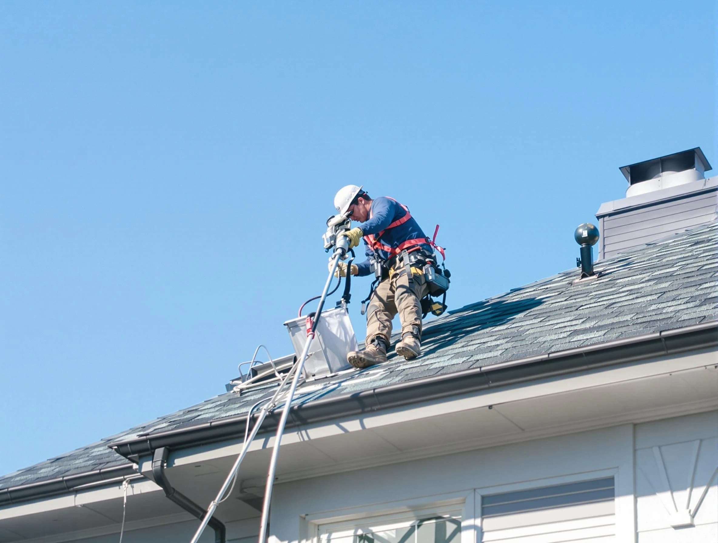 Methuen Town Dryer Vent Cleaning certified technician cleaning a roof-mounted dryer vent system in Methuen Town