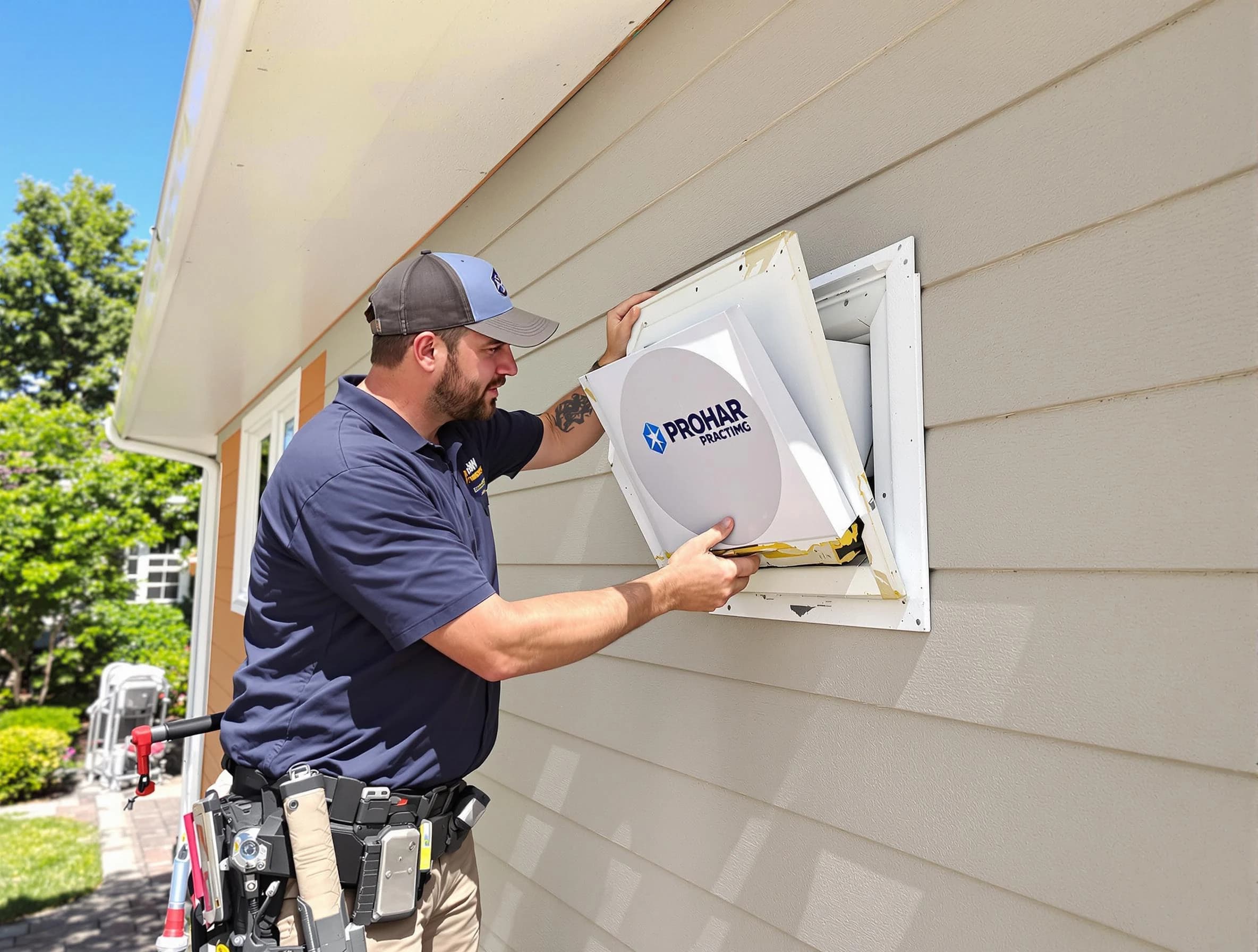 Methuen Town Dryer Vent Cleaning technician installing a new protective dryer vent cover on a home in Methuen Town