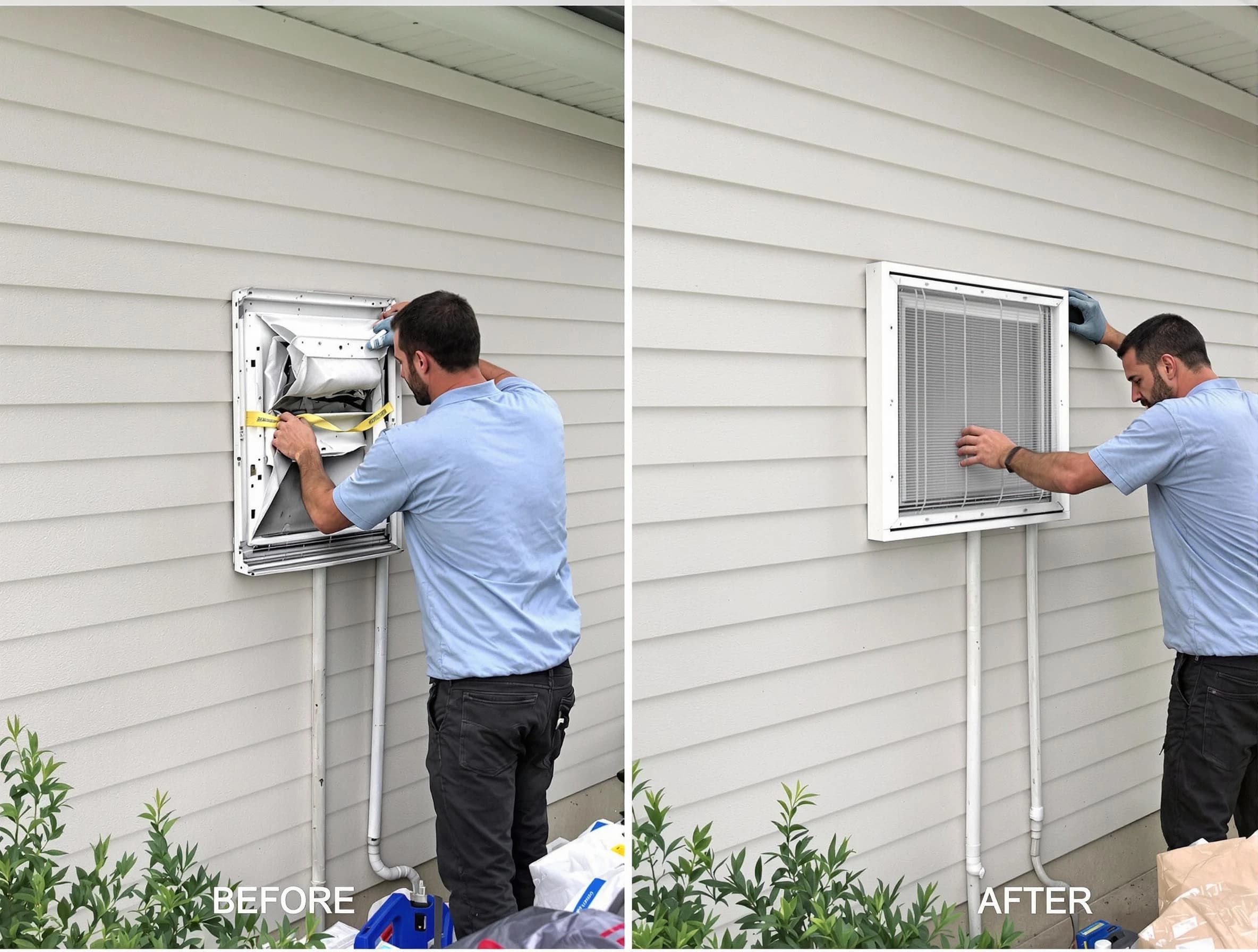 Methuen Town Dryer Vent Cleaning technician installing high-quality dryer vent cover at a residential property in Methuen Town