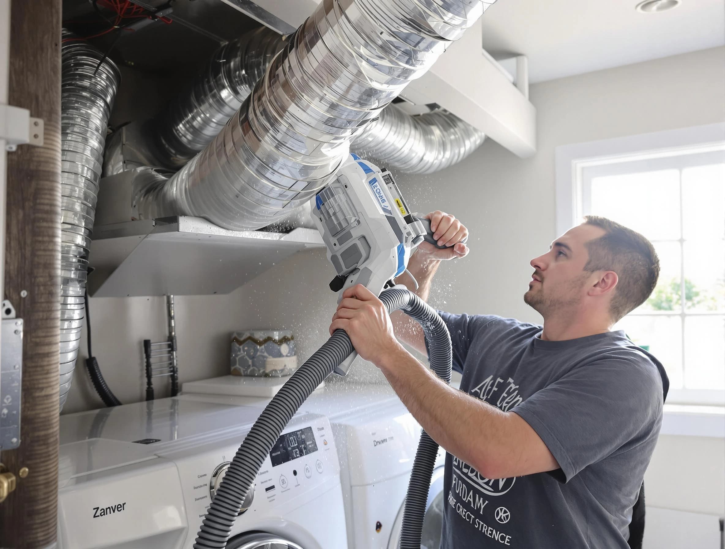 Methuen Town Dryer Vent Cleaning specialist cleaning deep within a dryer vent duct system in Methuen Town